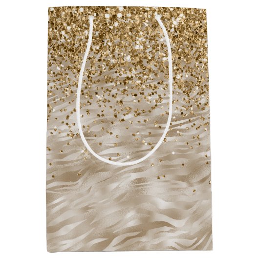 Zebra Print Faux Gold Glitter Medium Cadeauzakje (Voorkant)