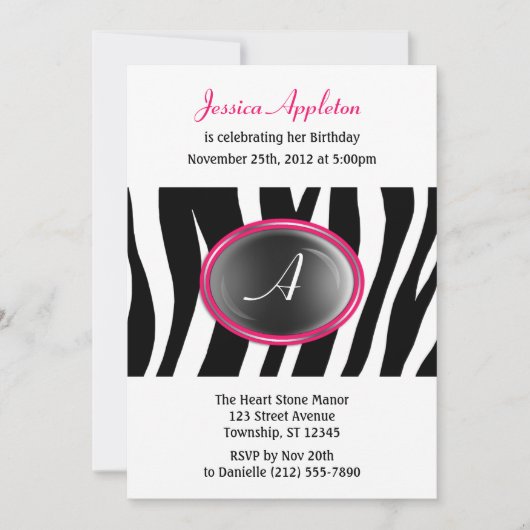 Zebra Print Fuchsia Glass Monogram Birthday Kaart (Voorkant)