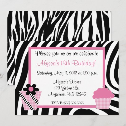 Zebra Print Girls Birthday Inture Kaart (Voorkant / Achterkant)