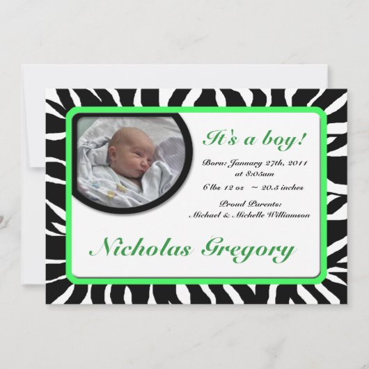 Zebra Print Green Birth Announements Aankondiging (Voorkant)