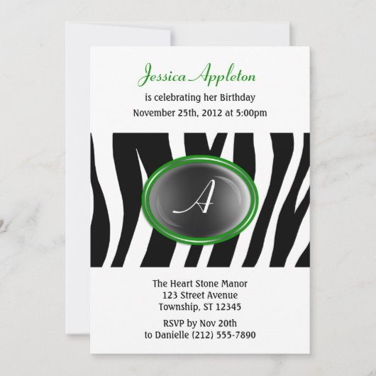 Zebra Print Green Glass Monogram Birthday Kaart (Voorkant)