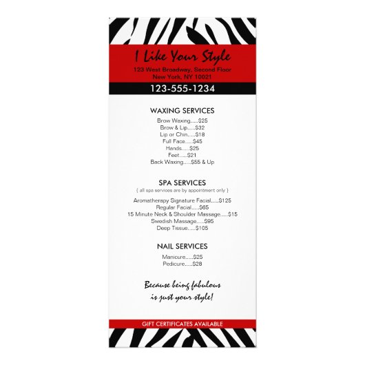 Zebra Print, Hair Salon prijslijst Reclamekaart (Achterkant)