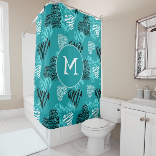 Zebra Print Hecht Blauwgroen wit monogram Douchegordijn (In situ)