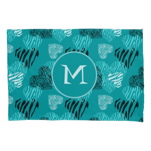 Zebra Print Hecht Blauwgroen wit monogram Kussensloop (Voorkant)