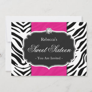 Zebra Print Hot Pink 16 Sweet Sixteen Party Kaart