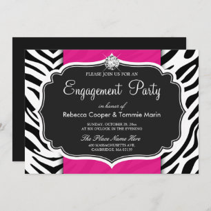 Zebra Print Hot Pink Diamond Engagement Party Kaart