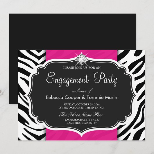 Zebra Print Hot Pink Diamond Engagement Party Kaart (Voorkant / Achterkant)