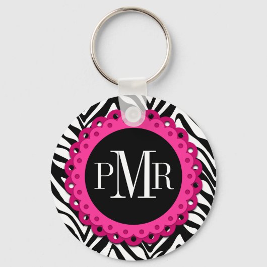 Zebra Print Hot Pink lens Monogram aangepast Sleutelhanger (Voorkant)