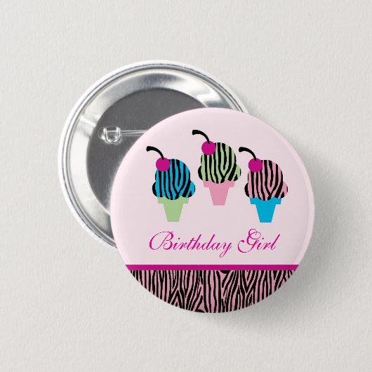 Zebra Print Ice Cream Birthday Button (Voorkant /achterkant)