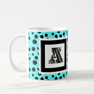 Zebra Print Letter "A" op Aqua/Black Polka Dots Koffiemok