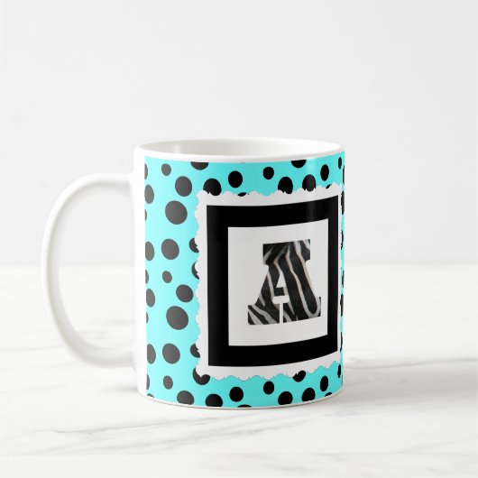Zebra Print Letter "A" op Aqua/Black Polka Dots Koffiemok (Links)