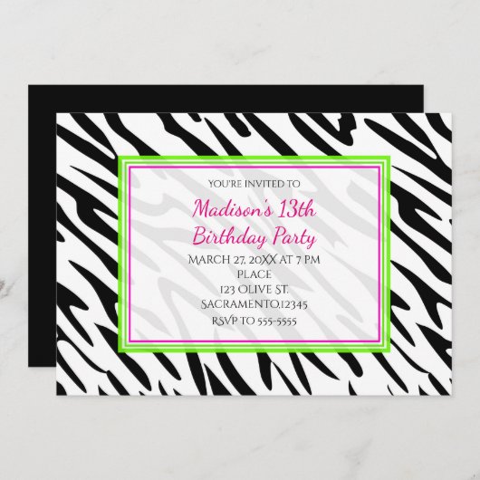 Zebra Print Lime Green en Pink Party uitnodigingen (Voorkant / Achterkant)
