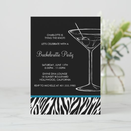 zebra print martini bachelorette kaart (Staand voorkant)