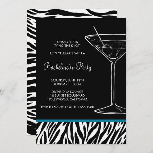 zebra print martini bachelorette kaart (Voorkant / Achterkant)