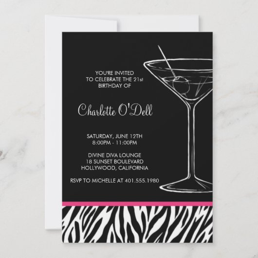Zebra Print Martini Birthday Invitation Kaart (Voorkant)