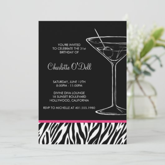 Zebra Print Martini Birthday Invitation Kaart (Staand voorkant)