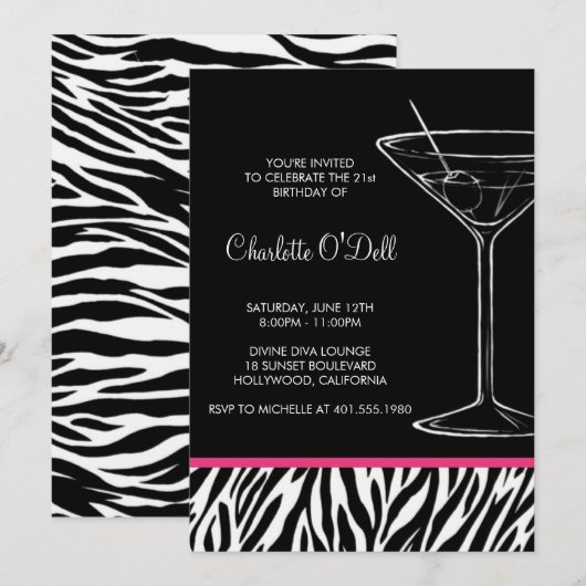 Zebra Print Martini Birthday Invitation Kaart (Voorkant / Achterkant)