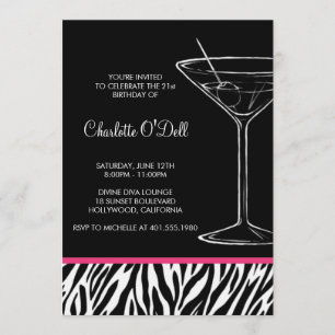 Zebra Print Martini Birthday Invitation Kaart