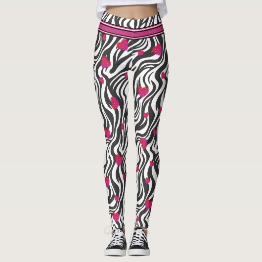 Zebra Print met Hot Pink Sparkle Hearts Leggings (Voorkant)