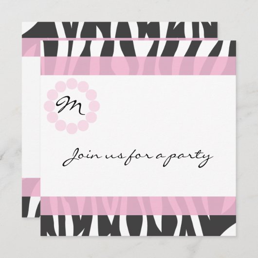 Zebra Print Monogram Birthday Party Invitation Kaart (Voorkant / Achterkant)