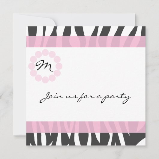Zebra Print Monogram Birthday Party Invitation Kaart (Voorkant)