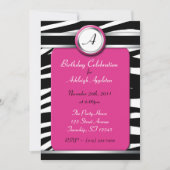Zebra Print Monogram Fuchsia Birthday Invitaties Kaart (Voorkant)