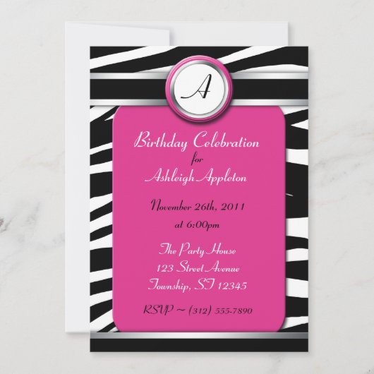 Zebra Print Monogram Fuchsia Birthday Invitaties Kaart (Voorkant)
