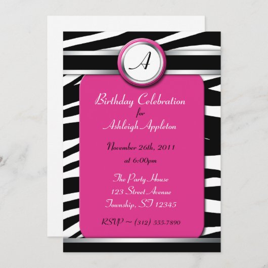 Zebra Print Monogram Fuchsia Birthday Invitaties Kaart (Voorkant / Achterkant)