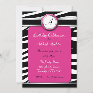 Zebra Print Monogram Fuchsia Birthday Invitaties Kaart