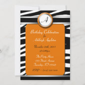 Zebra Print Monogram Oranje Birthday Invitaties Kaart (Voorkant)
