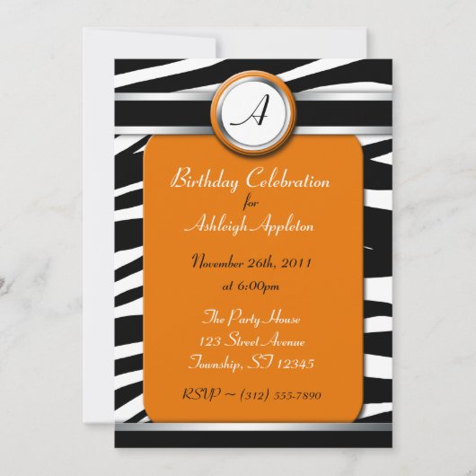 Zebra Print Monogram Oranje Birthday Invitaties Kaart (Voorkant)