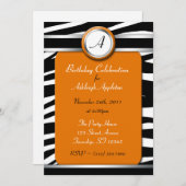 Zebra Print Monogram Oranje Birthday Invitaties Kaart (Voorkant / Achterkant)