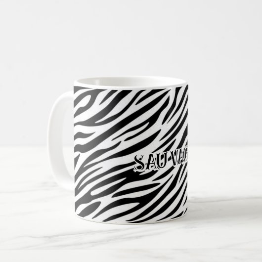 Zebra Print Mug with "Sauvage" Text Koffiemok (Voorkant links)