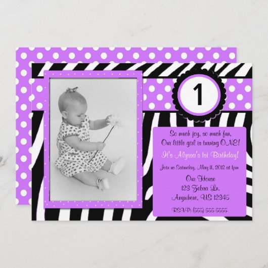 Zebra Print Paarse Girls Birthday Uitnodiging (Voorkant / Achterkant)