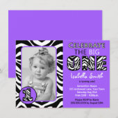 Zebra print Paarse Girls eerste verjaardag Kaart (Voorkant / Achterkant)