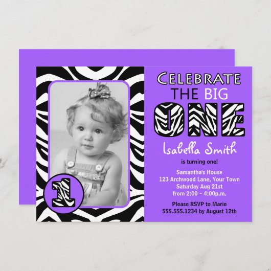 Zebra print Paarse Girls eerste verjaardag Kaart (Voorkant / Achterkant)