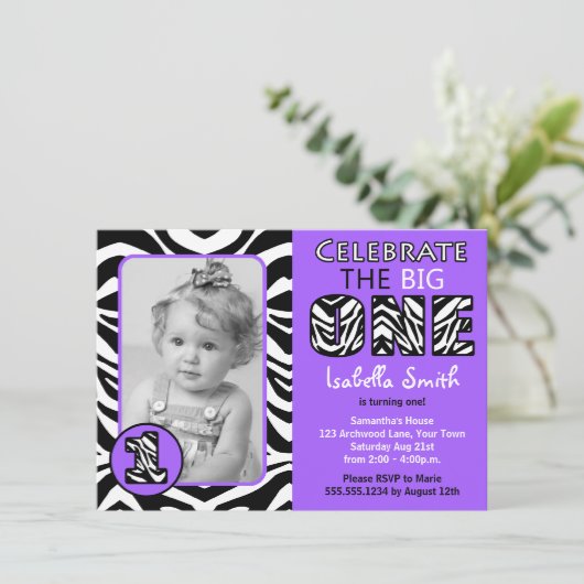 Zebra print Paarse Girls eerste verjaardag Kaart (Staand voorkant)