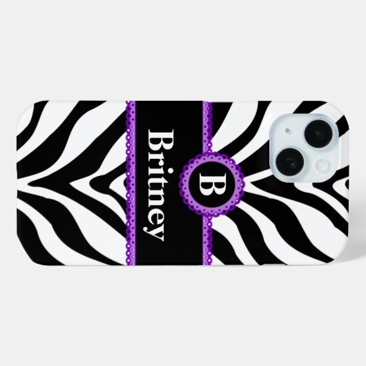 Zebra Print Paarse kant Monogram Naam Case-Mate iPhone Case (Achterkant (horizontaal))