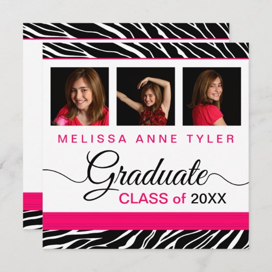 Zebra Print Photo Afstuderen Invitation Kaart (Voorkant / Achterkant)