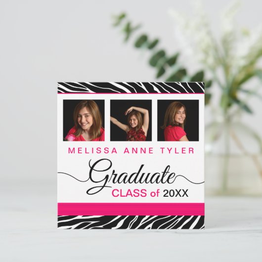 Zebra Print Photo Afstuderen Invitation Kaart (Staand voorkant)