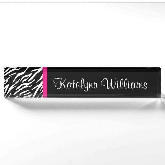 Zebra Print Pink Accent Monogram Desk Name Bord Naambordje (Voorkant)