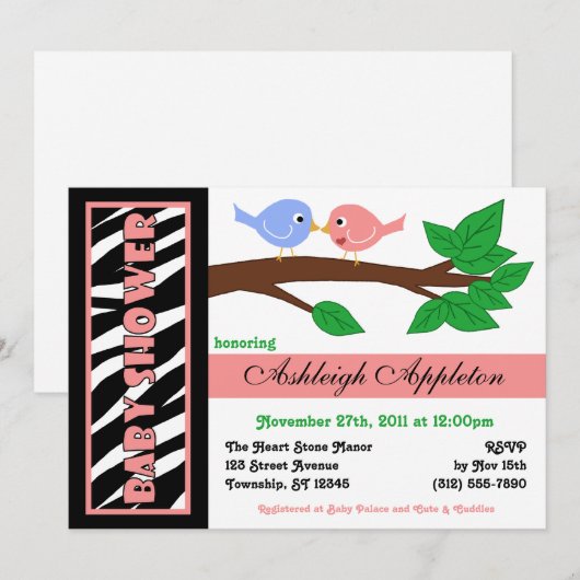 Zebra Print Pink Birdy Baby Shower Invitaties Kaart (Voorkant / Achterkant)