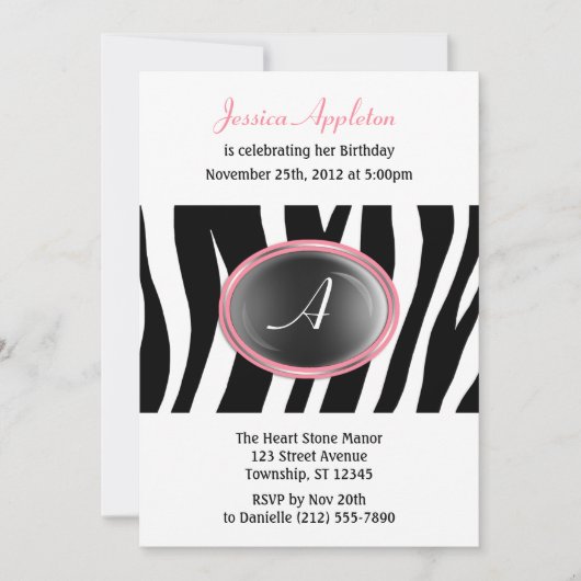 Zebra Print Pink Glass Monogram Birthday Kaart (Voorkant)