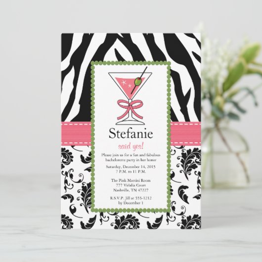 Zebra Print Pink Martini Bachelorette Kaart (Staand voorkant)