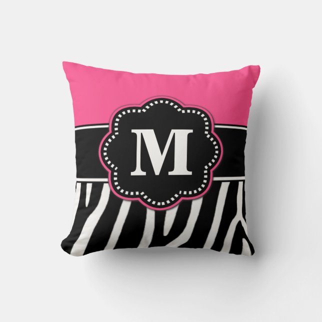 Zebra Print Pink Monogram Pillow Kussen (Voorkant)