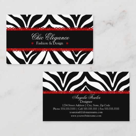 Zebra Print & Red Lace Elegant Visitekaartje (Voorkant / Achterkant)