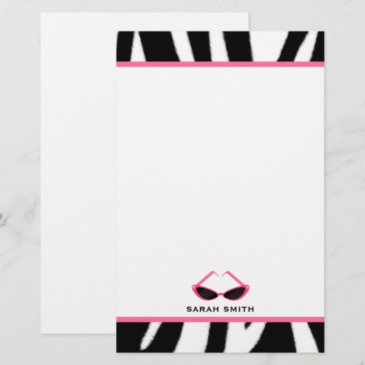 Zebra Print & Retro Roze zonnebrillen Briefpapier (Voorkant / Achterkant)