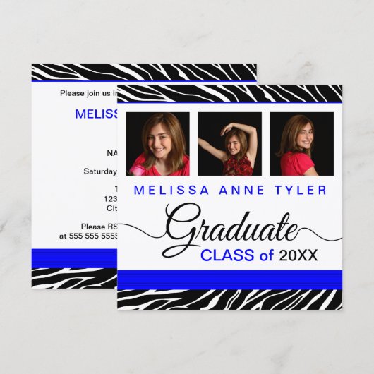 Zebra Print Royal Blue Photo Afstuderen Invitation Kaart (Voorkant / Achterkant)