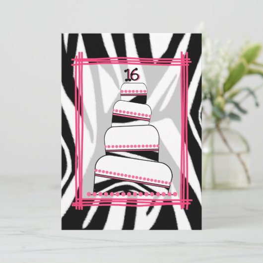 Zebra Print & Roze 16th Birthday Party Invite Kaart (Staand voorkant)