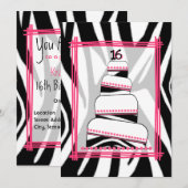 Zebra Print & Roze 16th Birthday Party Invite Kaart (Voorkant / Achterkant)